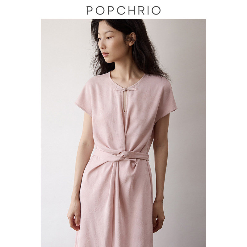 POPCHRIO欧可芮◆别致国风提花扭结短袖连衣裙新中式盘扣长裙女夏,淘宝优惠券,粉丝福利购,淘宝优惠卷