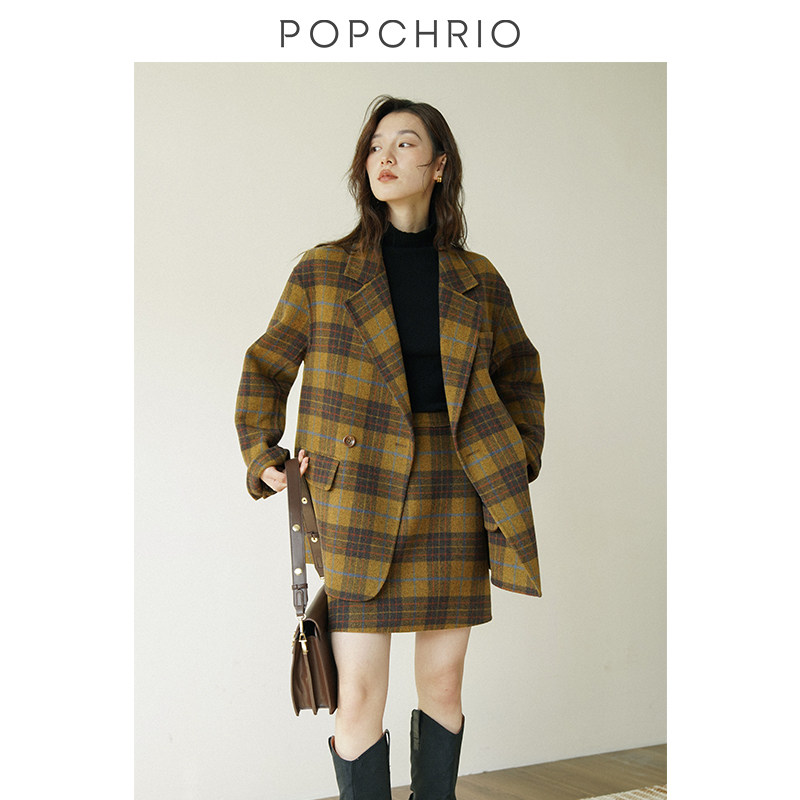 【到手599元】复古法式羊毛格子双面毛呢微阔宽松西装外套通勤女,淘宝优惠券,粉丝福利购,淘宝优惠卷