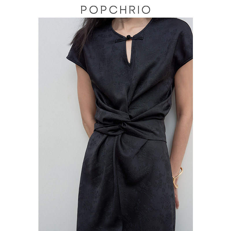 POPCHRIO欧可芮◆别致国风提花扭结短袖连衣裙新中式盘扣长裙女夏,淘宝优惠券,粉丝福利购,淘宝优惠卷