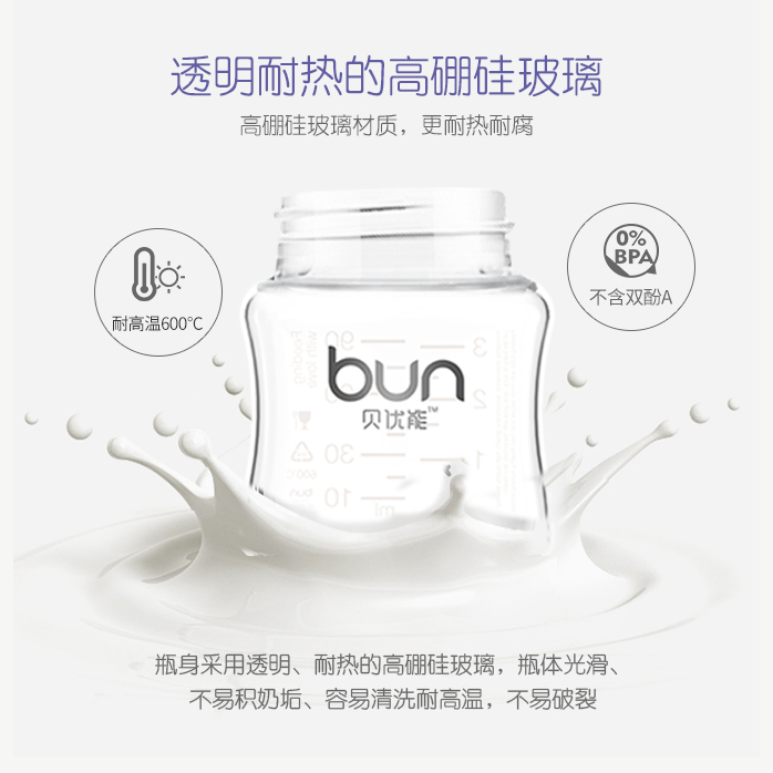 BUN贝优能玻璃奶瓶硅胶喷涂磨砂手感宽口新生儿90ml120ml160ml-图2