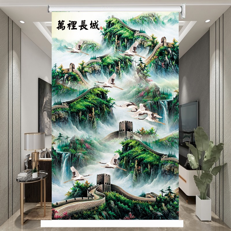 绿色风景山水画卷帘竖版玄关客厅卧室遮光装饰画升降手拉窗帘包邮 - 图1