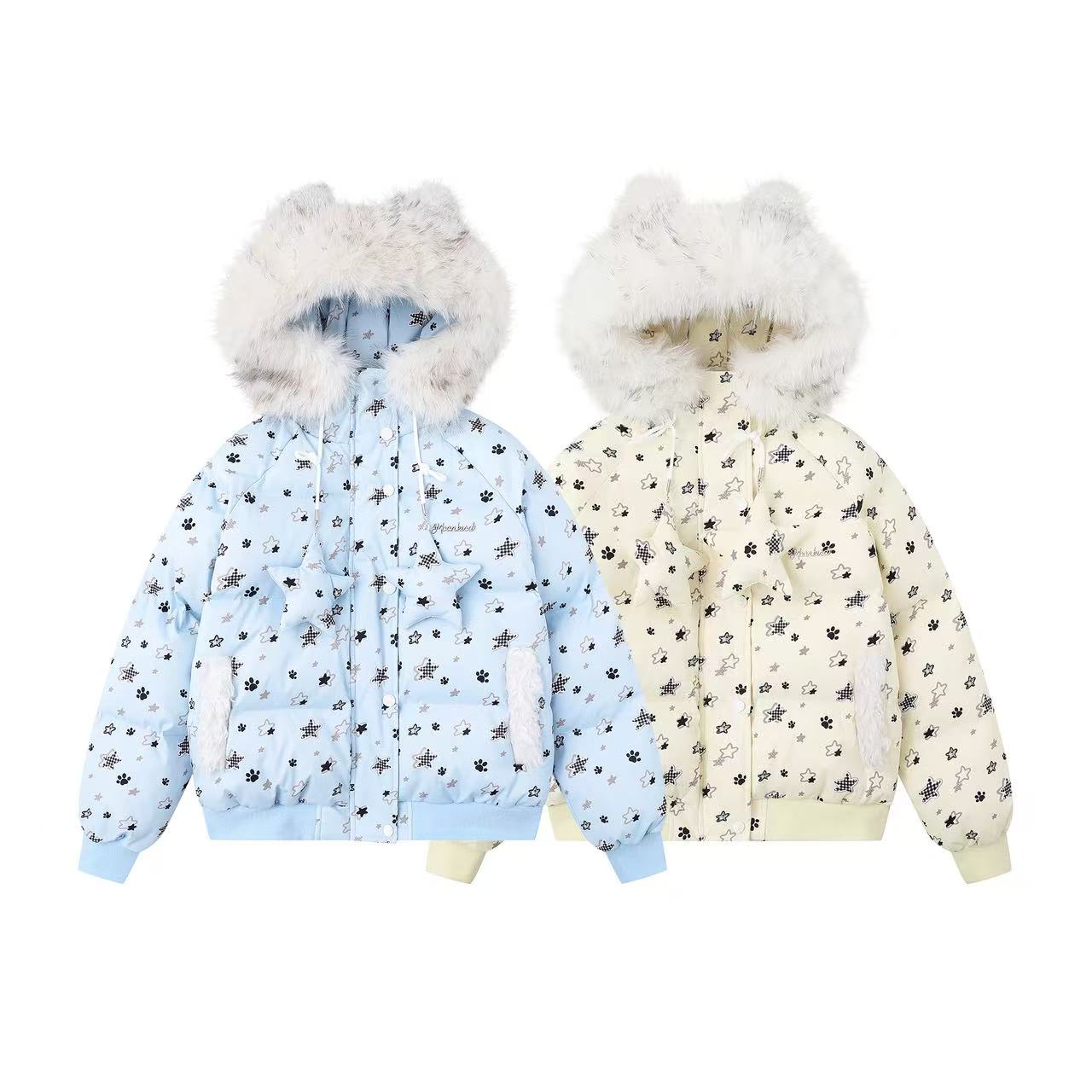 小杭还没吃饱原创可爱满印星星狗爪毛领连帽棉服加厚保暖外套女潮 - 图2