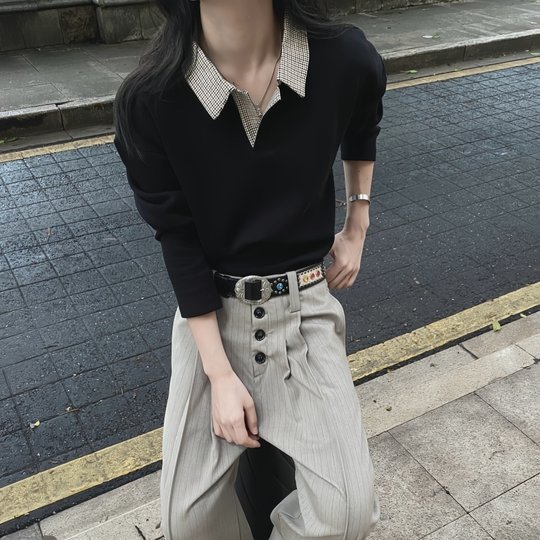 RTIMFD千鸟格拼接太空棉polo松弛长袖Cleanfit短宽抗皱卫衣老钱风