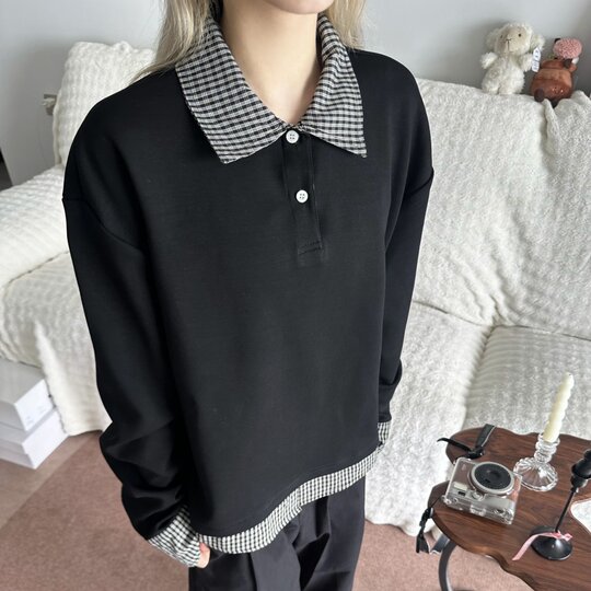 Miu fake two-piece patchwork plaid long-sleeved polo lapel