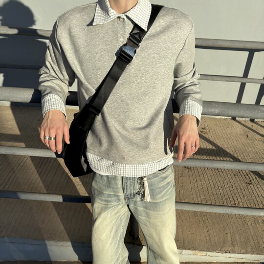 Miu fake two-piece patchwork plaid long-sleeved polo lapel