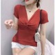 ຜະລິດຕະພັນໃຫມ່ 2026 ລະດູຮ້ອນແຂນສັ້ນຂ້າມຂອງແມ່ຍິງເກົາຫຼີສັ້ນເສື້ອທີເຊີດ v-neck ຕົ້ນດູໃບໄມ້ລົ່ນ ice silk ບາງ bottoming top