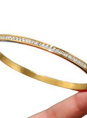 跨境不锈钢金色手镯套装镶钻钉子感四叶草手镯gold bangles