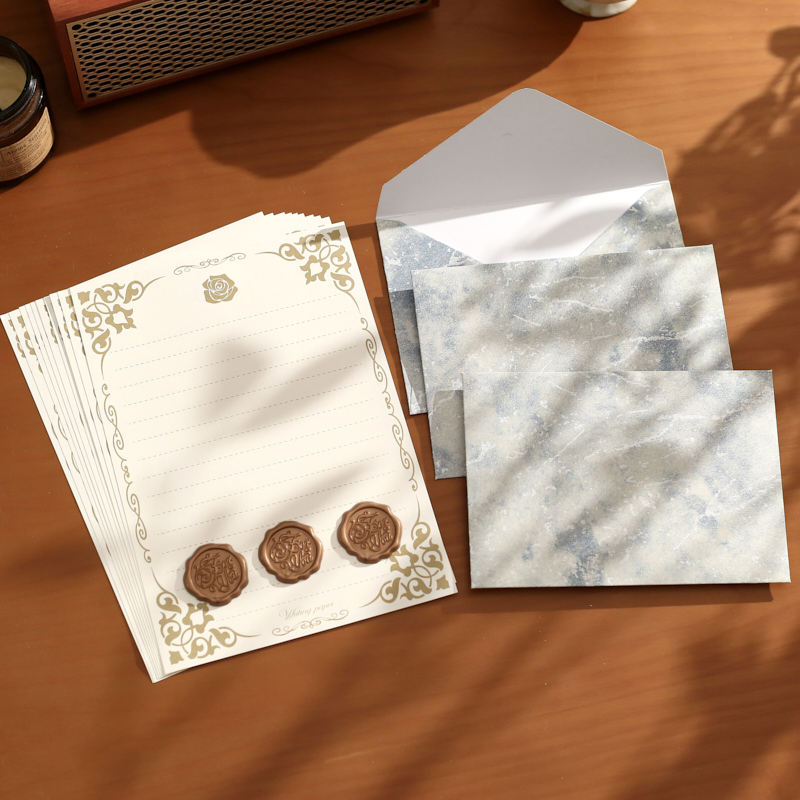盐岛时光 鎏金浮雕纹理信封信纸火漆套装 加厚高级质感送男女朋友,淘宝优惠券,粉丝福利购,淘宝优惠卷