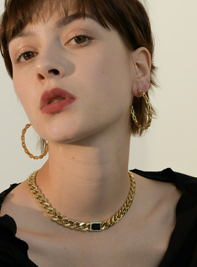 【买3免1】欧美复古个性黑宝石项链小众设计高级感粗链条锁骨链