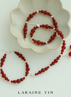 复古新中式纯银项链红玛瑙渐变串珠项链s925银颈链显白锁骨链