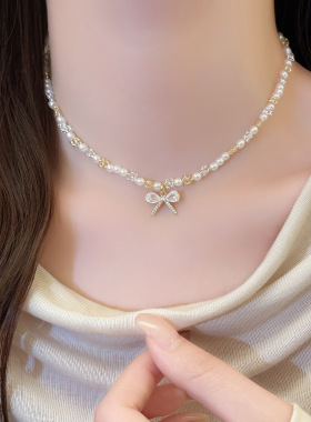 FEILIPE 满钻蝴蝶结吊坠珍珠串珠项链女高级感轻奢锁骨链精致配饰