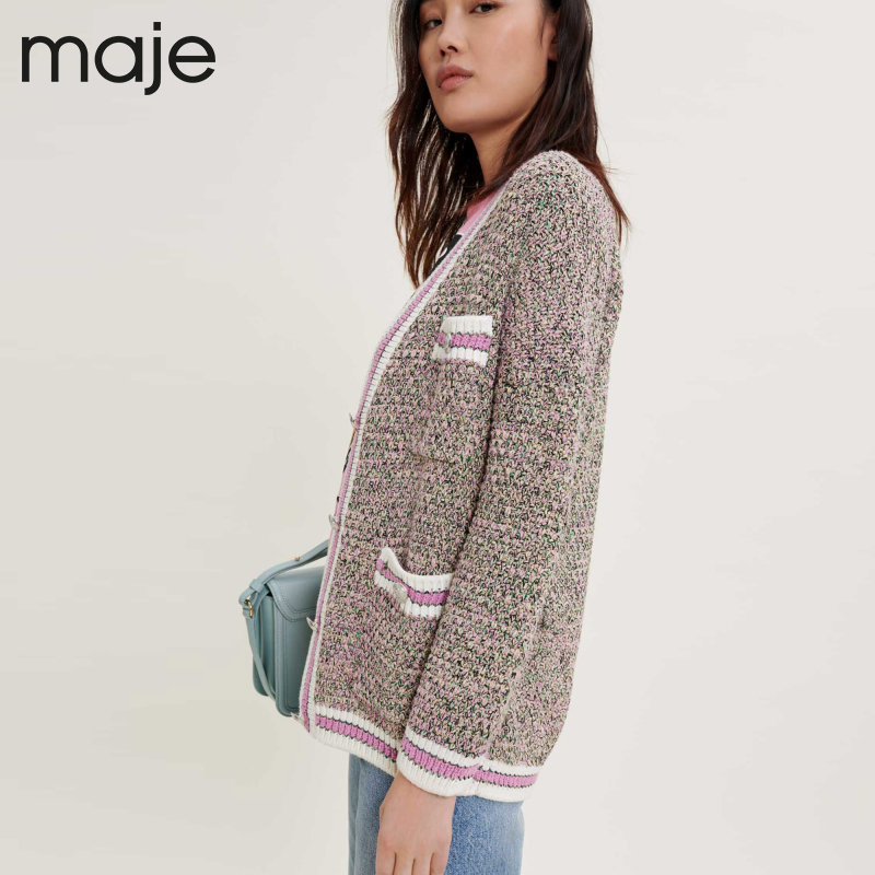 Maje Outlet春秋女装法式时尚花呢撞色针织开衫上衣MFPCA00277 - 图1