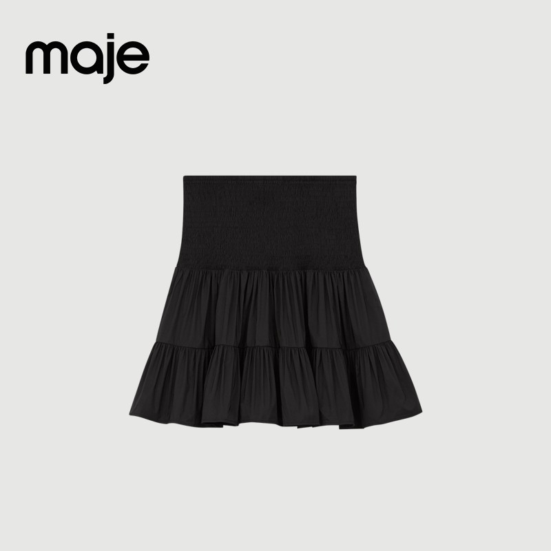 Maje Outlets春夏女装法式气质黑色松紧收腰A字褶皱短款半身裙