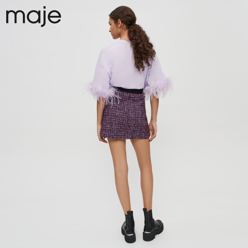 Maje Outlet女装设计感多巴胺短款紫色短袖针织T恤上衣MFPTS00633 - 图1