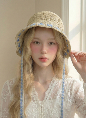 森系可爱花朵草帽女绑带遮阳帽