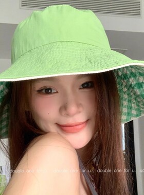 双面戴夏季户外出游格子渔夫帽女大帽檐可折叠白搭显脸小遮阳盆帽