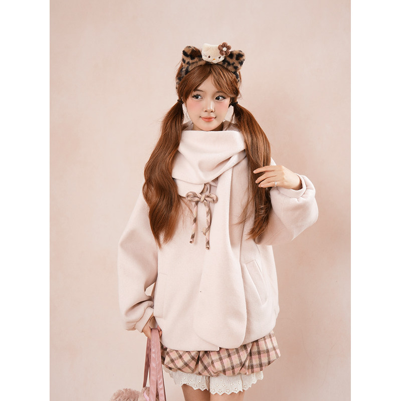 粉绒学院 甜美可爱围巾连帽毛呢外套+格子蕾丝拼接短裙套装两件套,淘宝优惠券,粉丝福利购,淘宝优惠卷