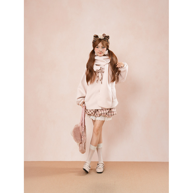 粉绒学院 甜美可爱围巾连帽毛呢外套+格子蕾丝拼接短裙套装两件套,淘宝优惠券,粉丝福利购,淘宝优惠卷