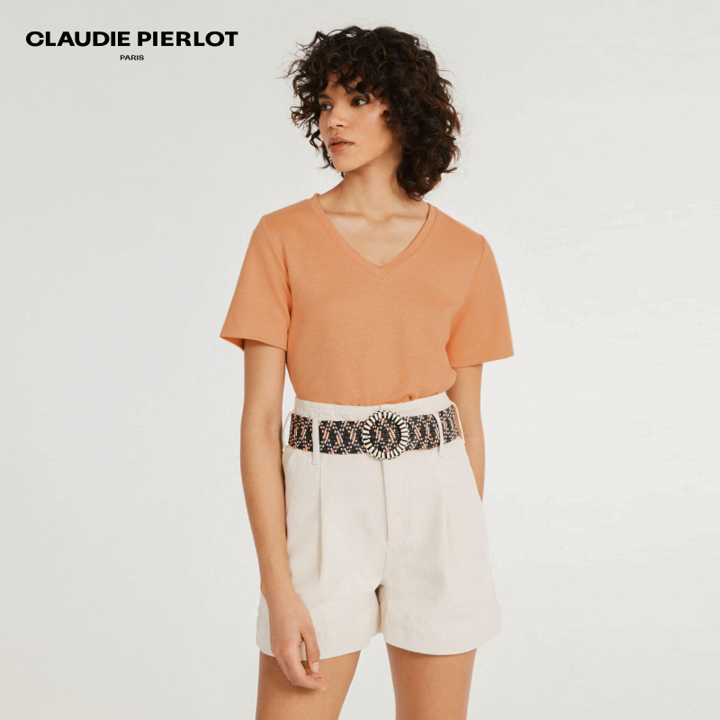 CLAUDIE PIERLOTOutlet春秋女装休闲橘色V领短袖T恤CFPTS00664 - 图1