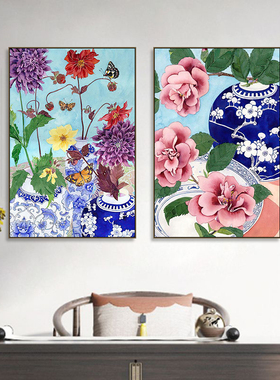 青花瓷茶室装饰画中古风客厅复古瓷器花瓶挂画茶杯植物花卉壁画