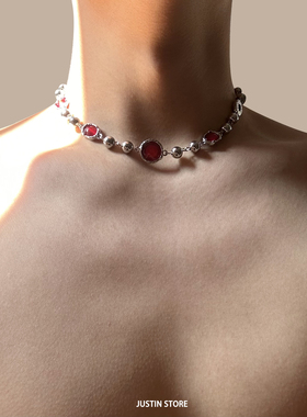 原创设计血红猫眼石锁骨链男款