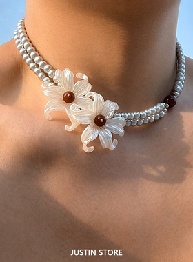 原创小众设计珠光鸢尾花朵项链