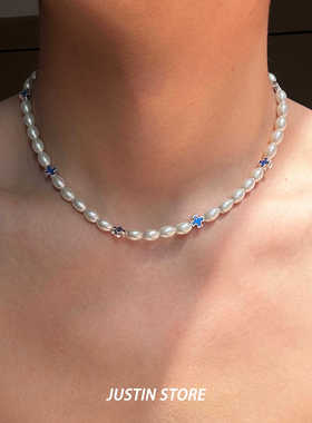 蓝色十字架锁骨短项链珍珠项链男