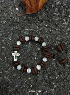 咖啡豆串珠滴胶十字架手链