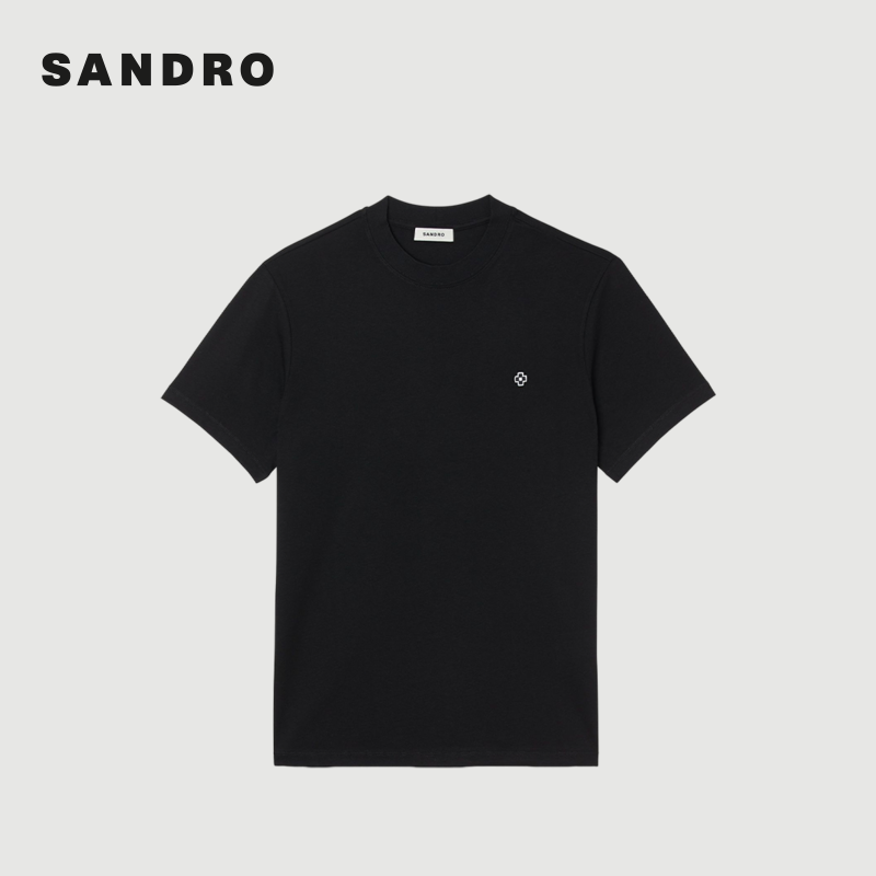 SANDRO Outlets秋冬男装法式休闲简约棉质黑色印花圆领短款T恤 - 图3