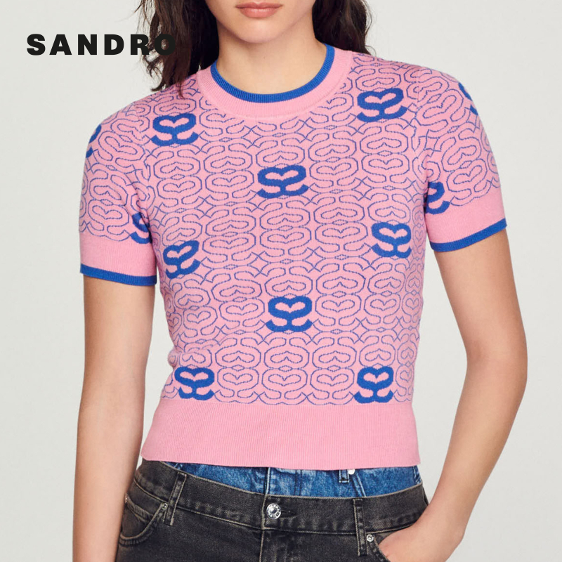 SANDROOutlet女装法式短款粉色双S短袖T恤针织上衣SFPPU01819 - 图2