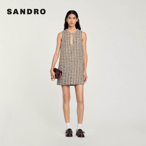 SANDRO Outlets春秋款女装法式气质时尚优雅格纹仿钻短款连衣裙 - 图1
