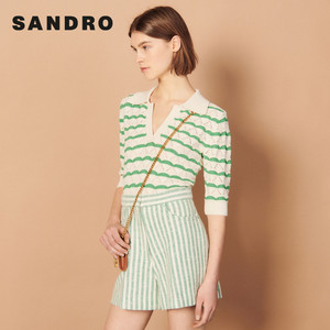 SANDRO Outlet女装春季时尚休闲高腰直筒绿白条纹短裤SFPSH00233
