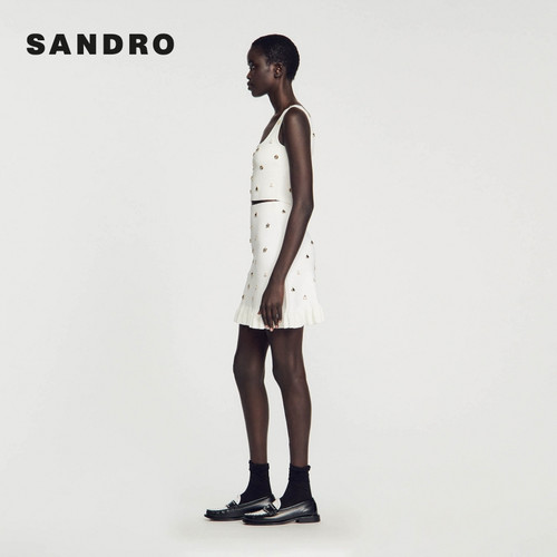 SANDRO Outlets秋冬女装法式气质时尚白色荷叶边高腰A字半身裙 - 图1