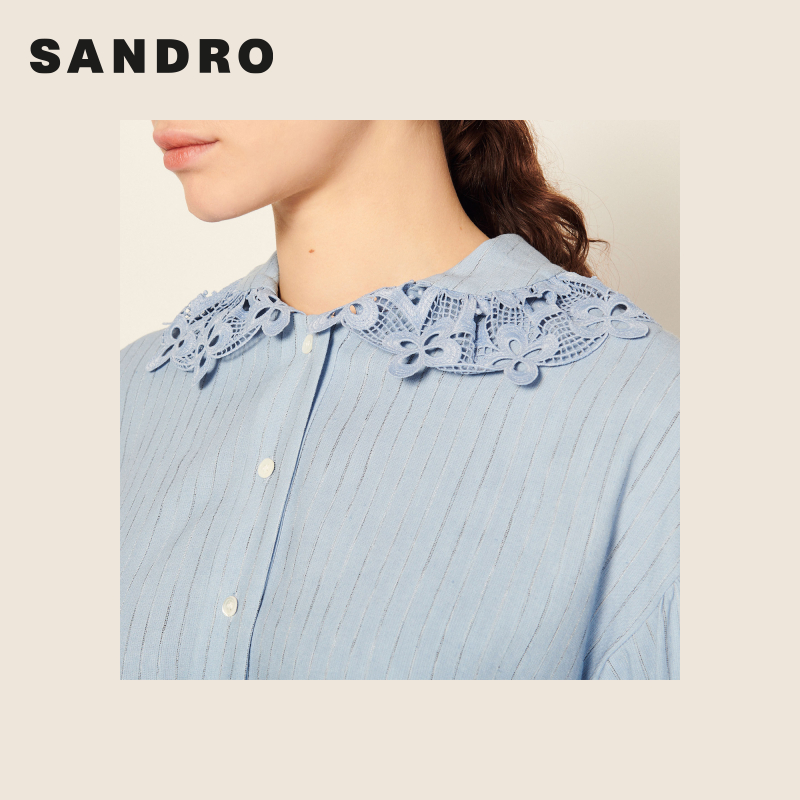 SANDRO Outlet女装春季法式气质蕾丝蓝色中袖衬衫上衣SFPTO00498