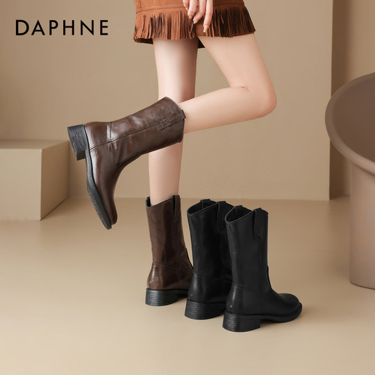 达芙妮中筒靴女冬季平底加绒短靴2025新款瘦瘦靴子皮鞋骑士马丁靴