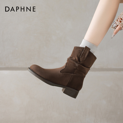 达芙妮棕色短靴女冬季2025新款中筒靴子加绒马丁靴切尔西瘦瘦靴