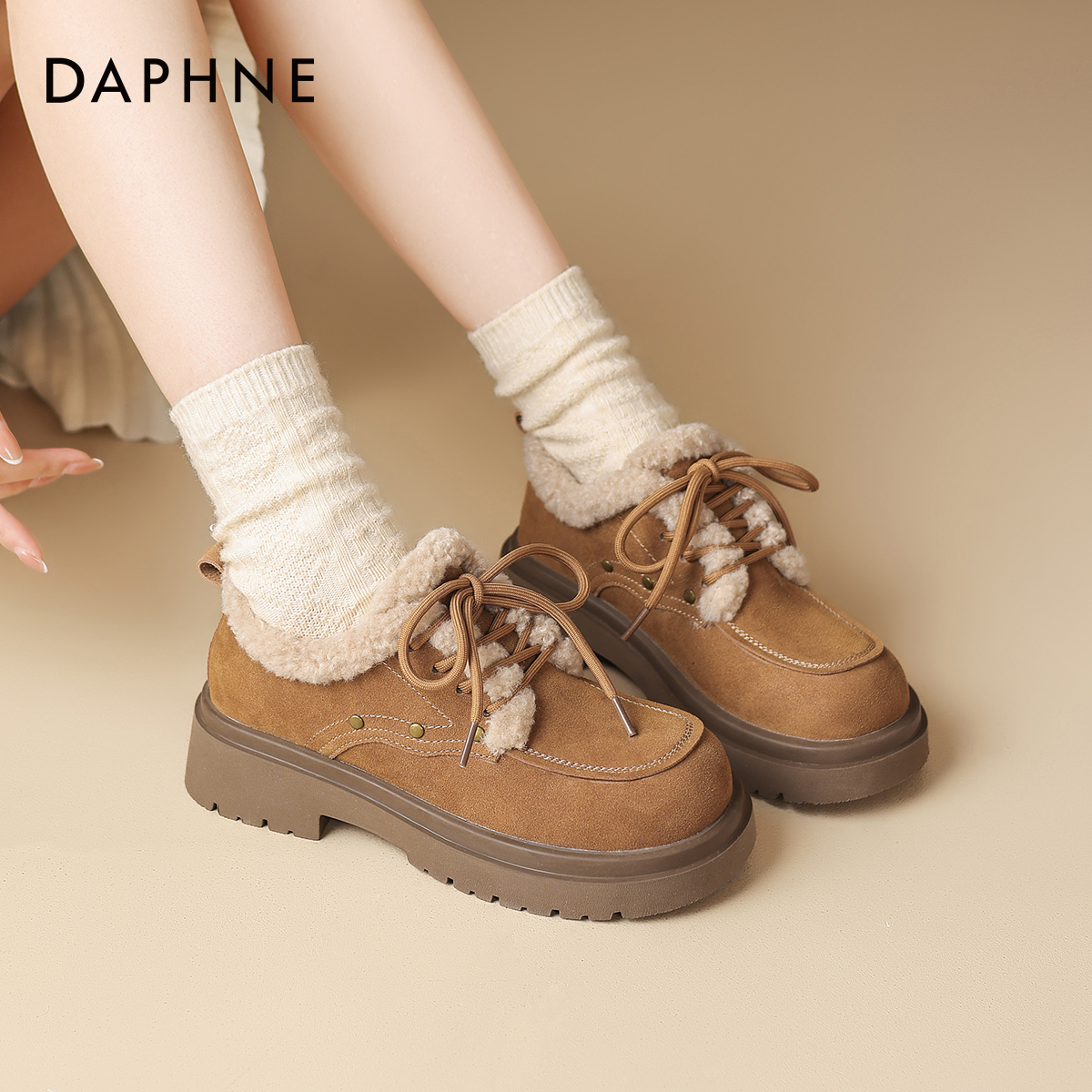 达芙妮加绒乐福鞋女冬季女鞋2025新款保暖毛毛棉鞋外穿厚底雪地靴 - 图0