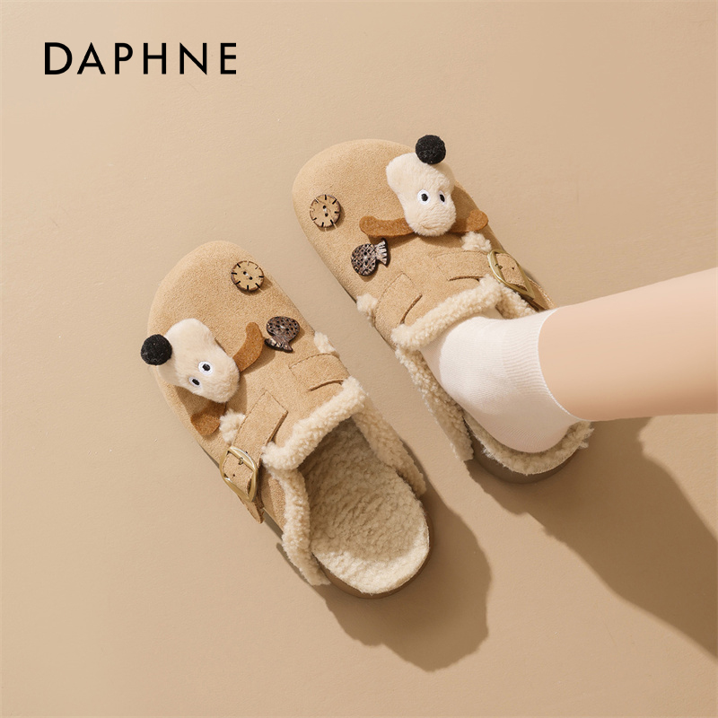 达芙妮加绒厚底勃肯鞋女秋冬2025新款一脚蹬增高包头毛绒半拖棉鞋 - 图0