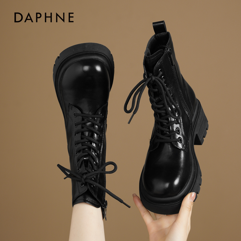 达芙妮马丁靴女款2025新款秋冬英伦风单靴粗跟厚底短靴黑色靴子女 - 图1