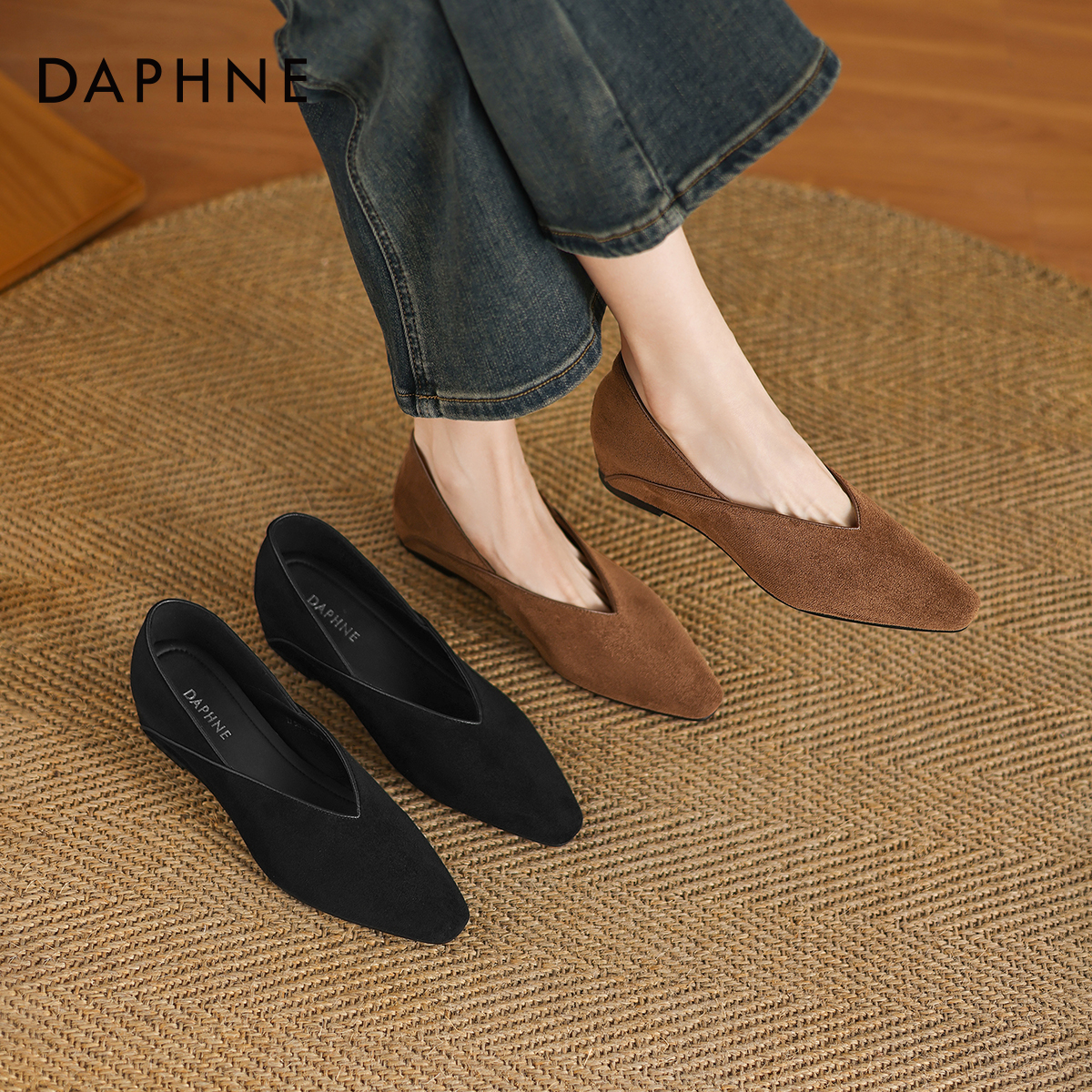 达芙妮尖头单鞋女款2025新款秋棕色法式平底鞋瓢鞋内增高女士皮鞋 - 图3