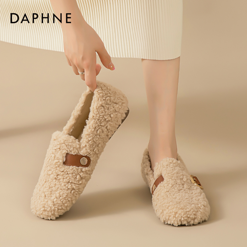 达芙妮保暖毛毛鞋女2024秋冬新款羊羔绒一脚蹬乐福鞋加绒棉拖鞋子 - 图2