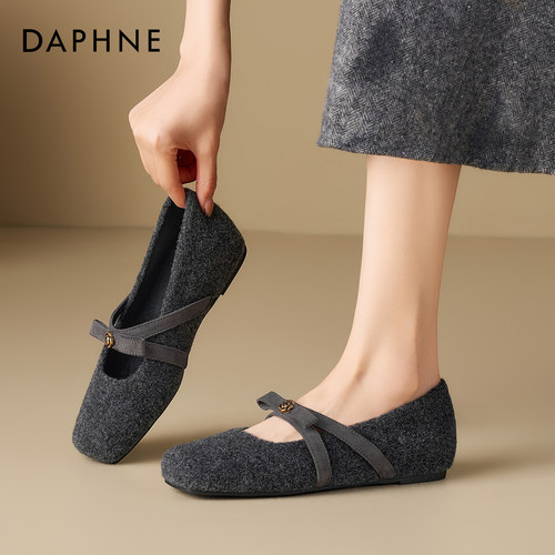 达芙妮加绒玛丽珍毛毛鞋女冬季2025新款灰色毛呢单鞋保暖法式棉鞋 - 图0