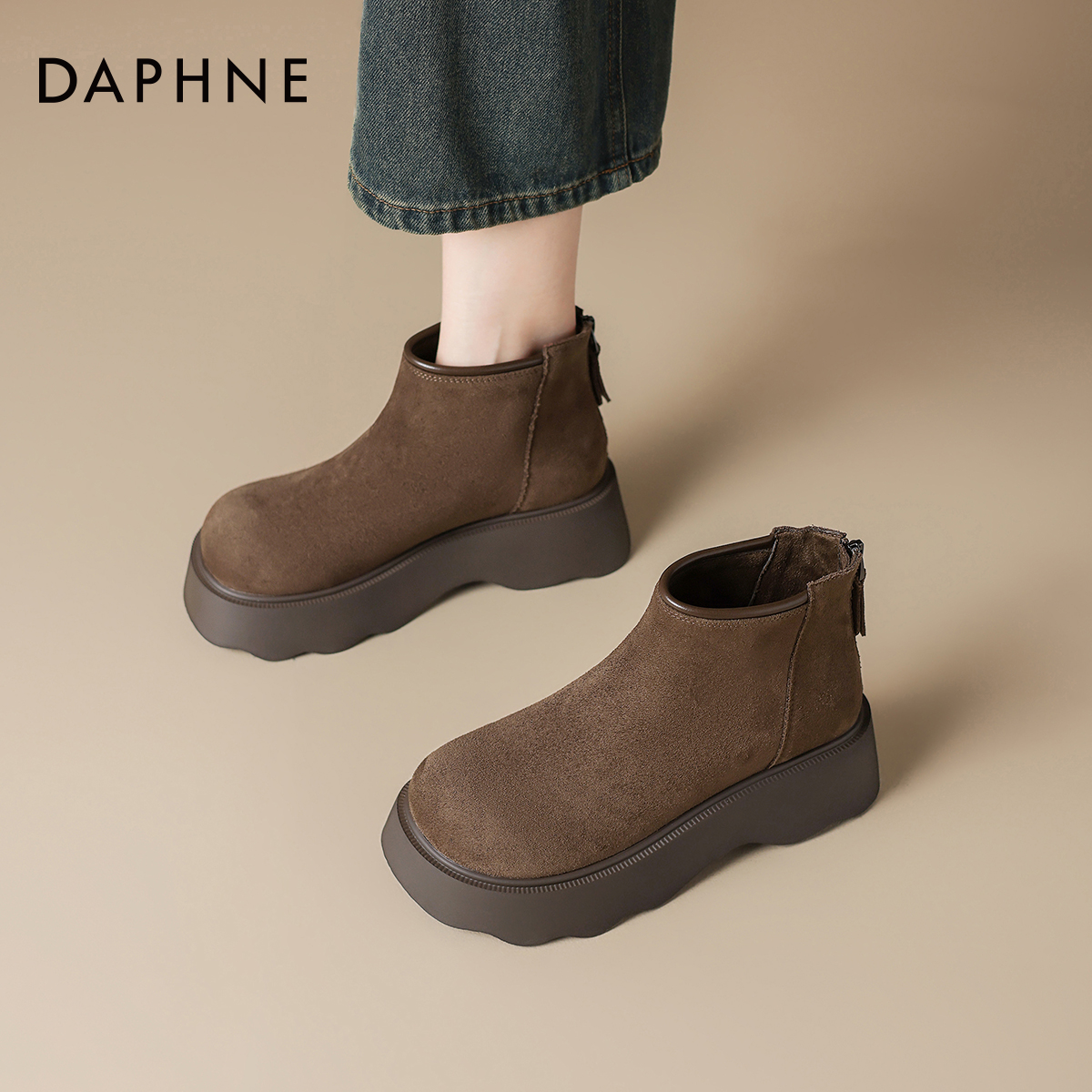 达芙妮厚底雪地靴女2025新款冬季加绒鞋子大头增高短靴棉鞋勃肯鞋 - 图1