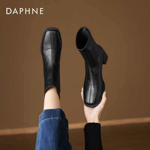 达芙妮黑色短靴女2026新款西部方头粗跟瘦瘦靴夏季高跟皮鞋马丁靴 - 图1