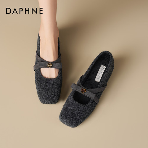 达芙妮加绒玛丽珍毛毛鞋女冬季2025新款灰色毛呢单鞋保暖法式棉鞋 - 图1