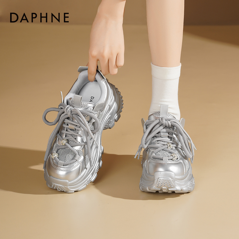 达芙妮厚底老爹鞋女2025新款秋冬百搭女鞋银色增高休闲运动鞋子女 - 图0