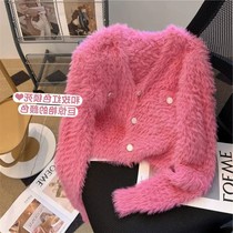 Korean version of warm soft glutinous horse fur knit cardigan for women autumn and winter expats white rose red sweater with short fur coat