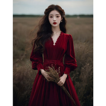 Fahben windy red one-piece dress Winter 2023 new women Fugitive Princess Ancient Vintage Dress