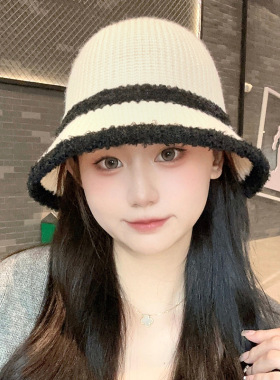 撞色新款2024韩版毛线渔夫帽秋冬女针织拼色保暖护耳水桶帽盆帽潮
