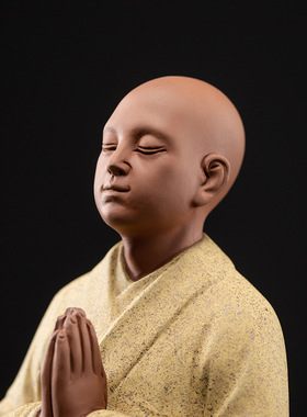 紫砂陶禅意小和尚茶道摆件 客厅茶室中式小沙弥公仔鱼缸摆设饰品